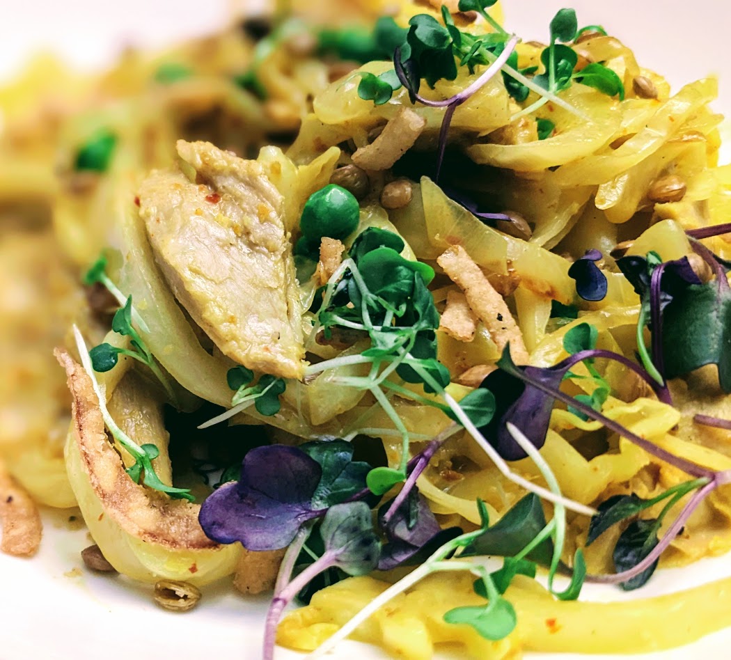 green cabbage with aromatics and Daring chicken